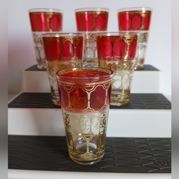 Unbranded Other - Moroccan Tea / Water / Juice Glasses Cranberry Red With Gold Vine Motif